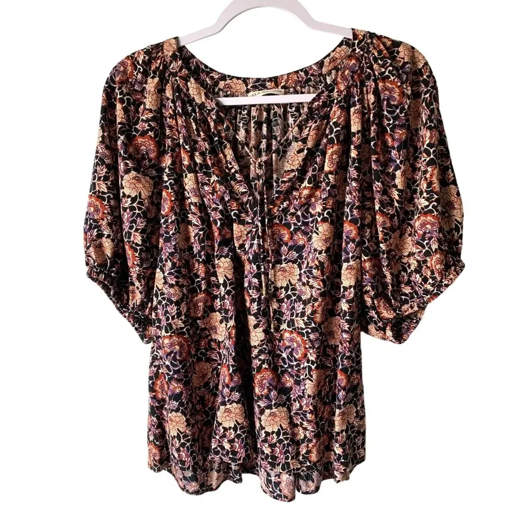 Ulla Johnson Evie Puff Sleeve Peasant Blouse Top in Midnight Floral, size 12 - Picture 3 of 9